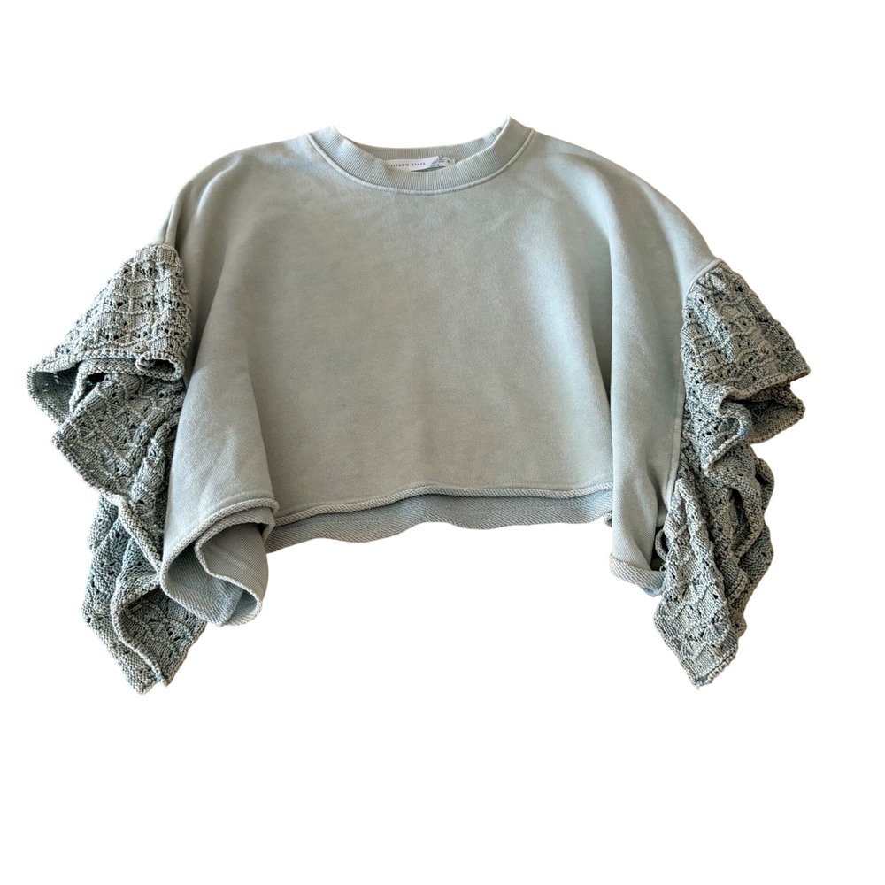 Altar'd State Cropped Sweatshirt M Sage Green Crochet Ruffle Sleeve Boho Cotton